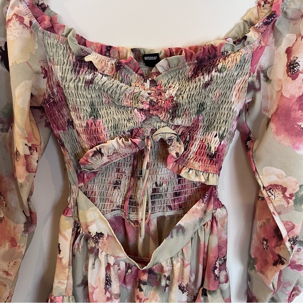Windsor Golden Hour Floral Skater Dress Smocked Cut Out XS Ruffle Tiered - Picture 4 of 8